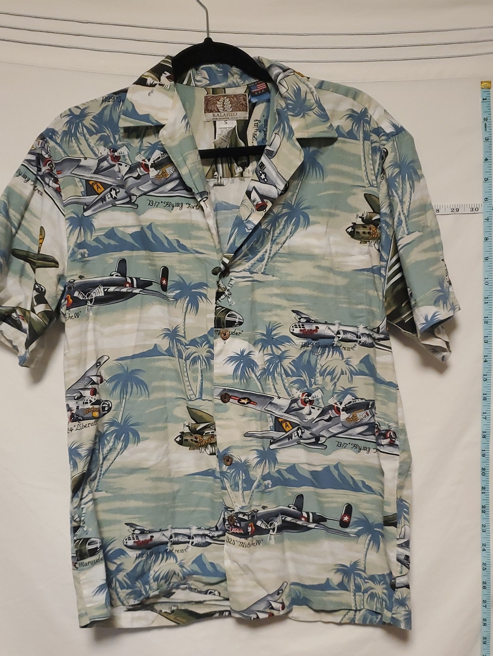 KALAHEO Hawaiian Aloha Shirt in Blue & Green Bomber Airplane Print Small